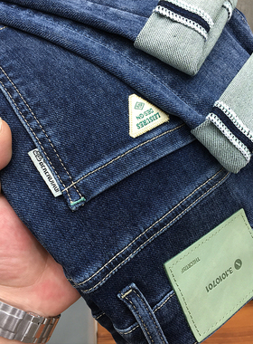 高端春季牛仔裤男美式高街潮牌蓝色弹力修身小脚印花长裤动力牛