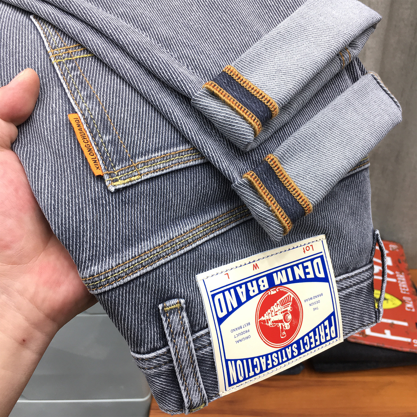 斜纹牛仔裤男款夏季薄款高端潮流印花弹力烟灰色修身小直筒长裤