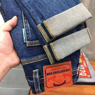 冬季牛仔裤男款2025新款美式蓝色印花弹力修身小直筒九分裤秋冬款