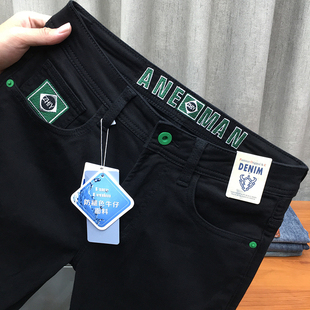 刺绣黑色九分牛仔裤男加绒印花抓绒休闲修身小脚磨毛纯黑长裤冬季