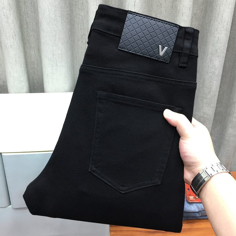 黑色九分牛仔裤男冬季厚款直筒宽松休闲弹力修身小脚纯黑长裤秋季