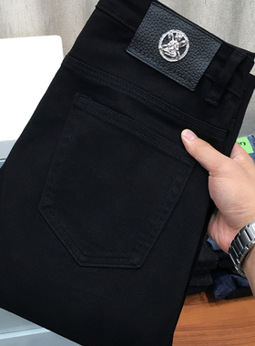 黑色九分裤男秋冬款潮流韩版弹力休闲修身小脚高端纯黑色牛仔长裤