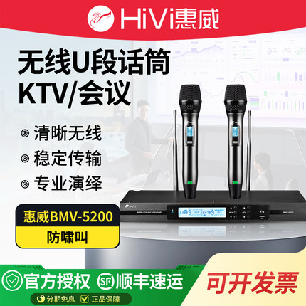 惠威 BMV5200无线麦克风一拖二家用K歌会议专用手持话筒U段防啸叫