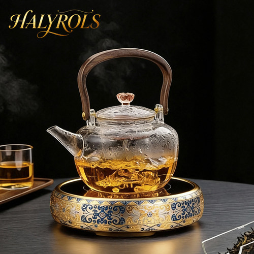 海丽珞思胡桃木把提梁玻璃壶高端无铅煮茶器加厚耐高温陈皮蒸茶壶
