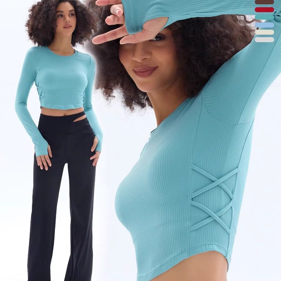 罗纹长袖运动上衣女一体杯胸垫速干透气健身跑步普拉提瑜伽服新品,运动/瑜伽/健身/球迷用品,瑜伽t恤,淘宝优惠券,粉丝福利购,淘宝优惠卷