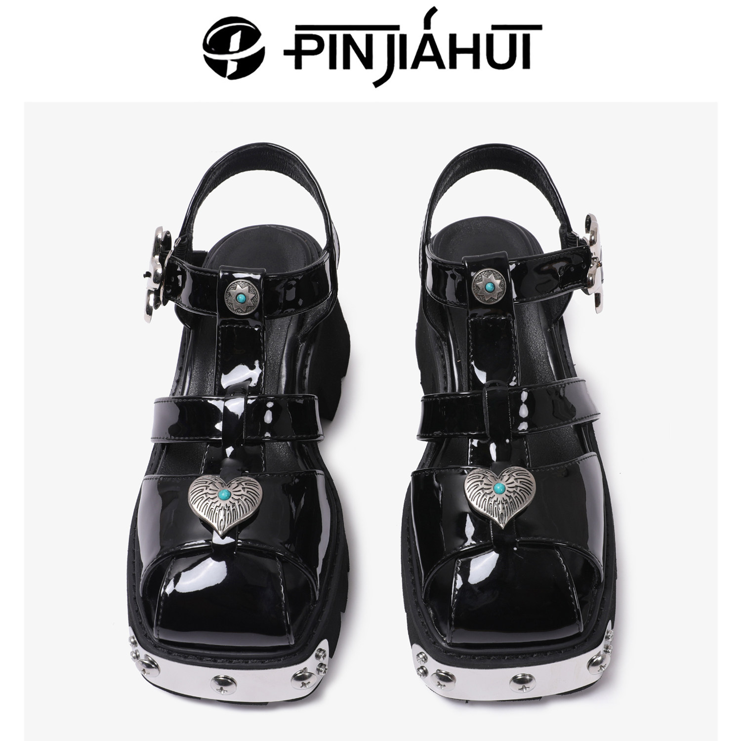 PJH 增高6cm！甜酷风厚底粗跟凉鞋 百搭显瘦黑色漆皮金属扣罗马鞋