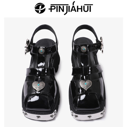 PJH 增高6cm！甜酷风厚底粗跟凉鞋 百搭显瘦黑色漆皮金属扣罗马鞋