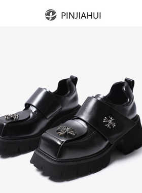 pinjiahui 厚底粗跟金属方头小皮鞋女英伦风百搭黑色搭扣真皮单鞋