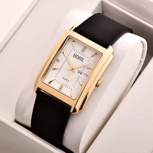 正品HOHE手表双历疯马皮夜光男表