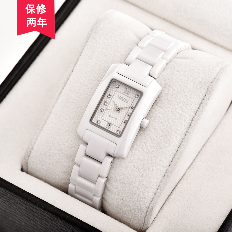 正品韩版女士防水陶瓷手表 长方形时尚白色女表 热卖时装表手链表