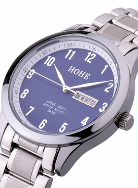 正品HOHE手表 男士双历复古防水石英表 日本机芯商务休闲数字男表
