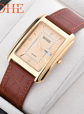 正品男士长方形双历真皮表带石英表夜光防水超薄腕表商务休闲男表