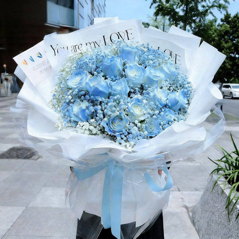 七夕情人节红玫瑰碎冰蓝花束鲜花同城配送女友老婆妈妈生日礼物店