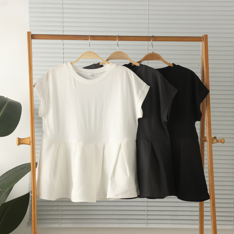 日系外贸女纯棉荷叶边T恤短袖圆领拼接宽松娃娃裙式上衣夏