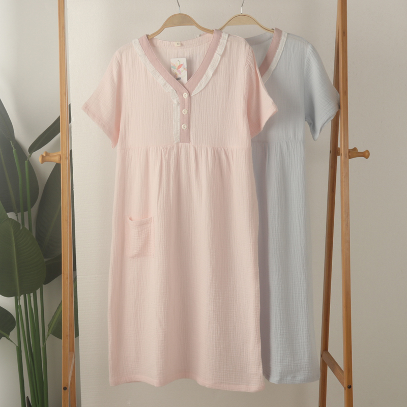 女士纯棉纱布绉棉甜美短袖睡裙夏