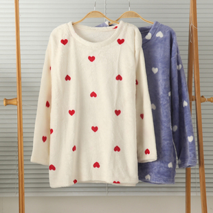 特价外贸女士法兰绒珊瑚绒圆领长袖家居服睡衣上衣保暖秋冬甜美