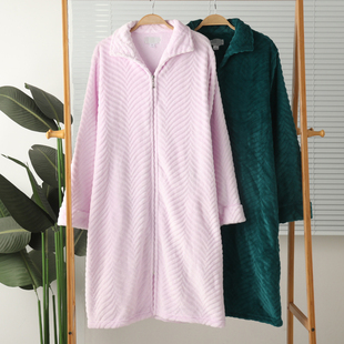 外贸女法兰绒珊瑚绒双面绒开身拉链长袖家居睡裙睡袍裙子保暖秋冬