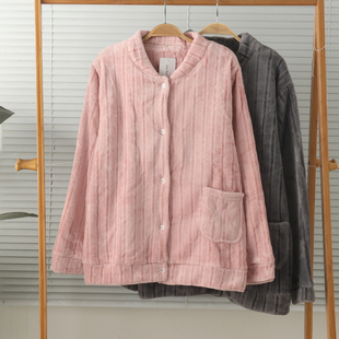 情侣男女加厚法兰绒珊瑚绒立领护颈长袖家居服睡衣上衣保暖冬