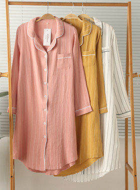 女纯棉纱布绉棉长袖家居服睡裙春