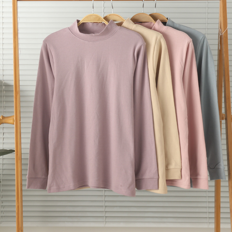 女纯棉半高领长袖打底衫内衣秋冬