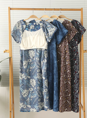 女纯棉杨柳纱带胸垫短袖睡裙夏