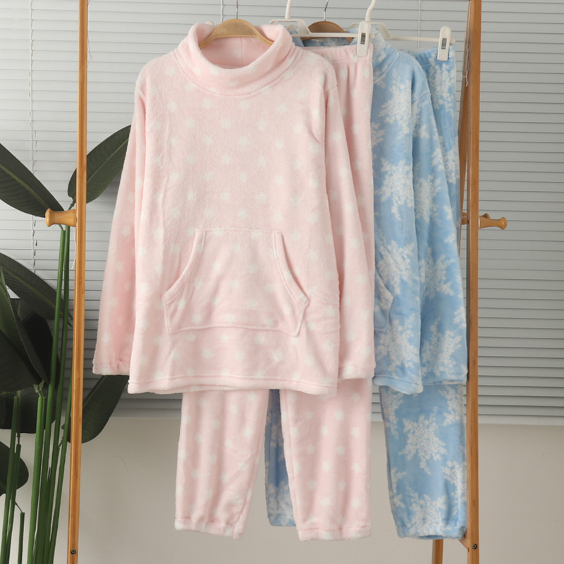 外贸女法兰绒珊瑚绒双面绒高领护颈保暖长袖长裤睡衣家居服套装冬