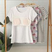 外贸女纯棉带胸垫BRA免文胸短袖 后背单层家居服睡衣上衣夏 半袖