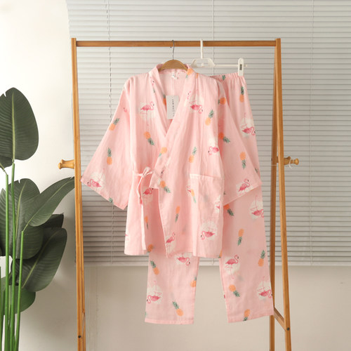女纯棉纱布和服长袖长裤睡衣春夏