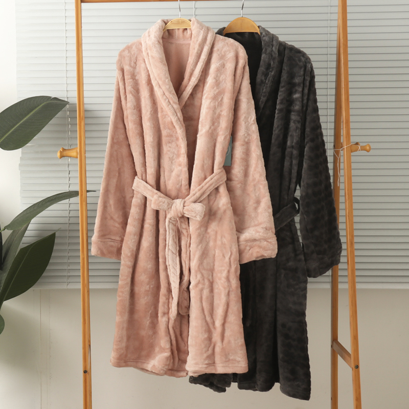 外贸女士法兰绒珊瑚绒长袖系带式轻便保暖睡袍睡裙家居服浴袍秋冬