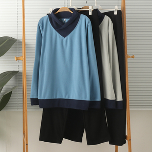 保暖秋冬大码 外贸男士 睡衣家居服套装 长裤 摇粒绒薄绒抓绒护颈长袖