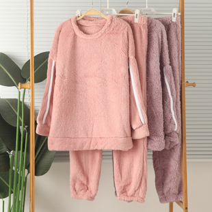 女加厚珊瑚绒圆领长袖长裤睡衣家居服套装宽松休闲保暖冬大码