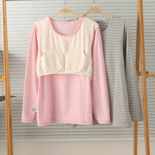女纯棉胸垫长袖家居服睡衣上衣秋