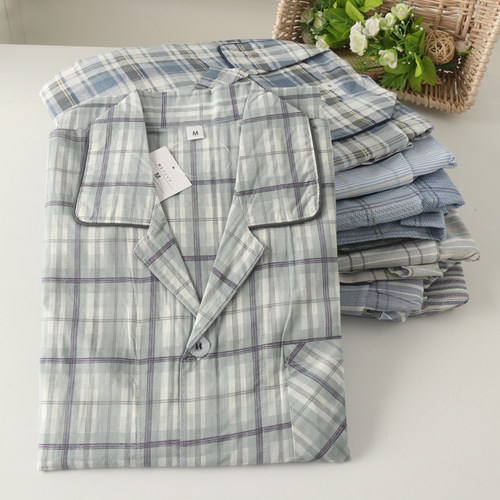 春夏薄款纯棉格子男家居服套装