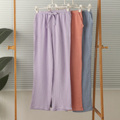 子长裤 特价 裤 睡裤 透气秋 女士纯棉双层纱布绉棉高腰带口袋家居裤
