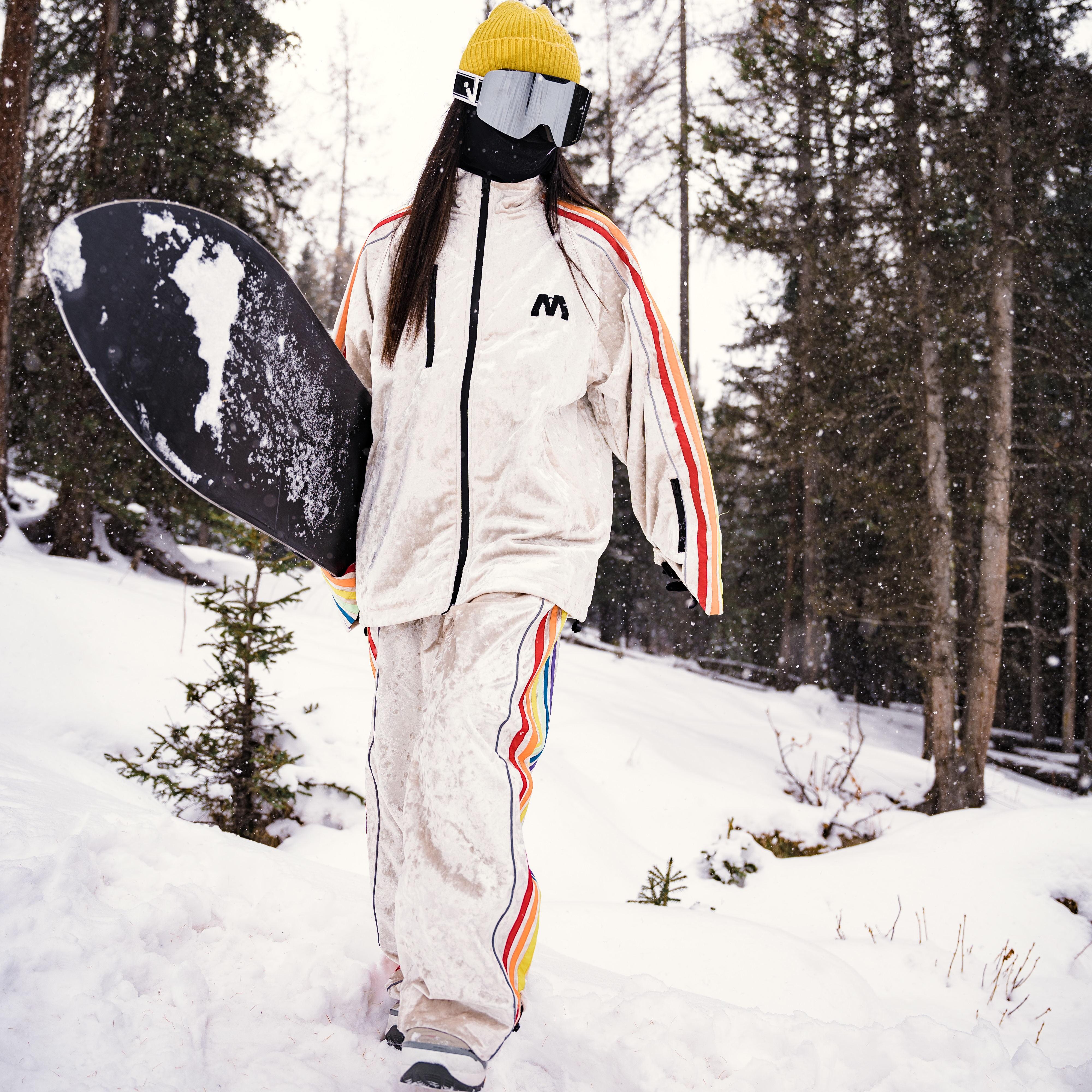 新款黑白彩虹糖果丝绒滑雪服套装