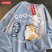 奶蓝色长袖 悦游 吹风柯基 卫衣宽松套头纯棉男趣味可爱日系潮牌