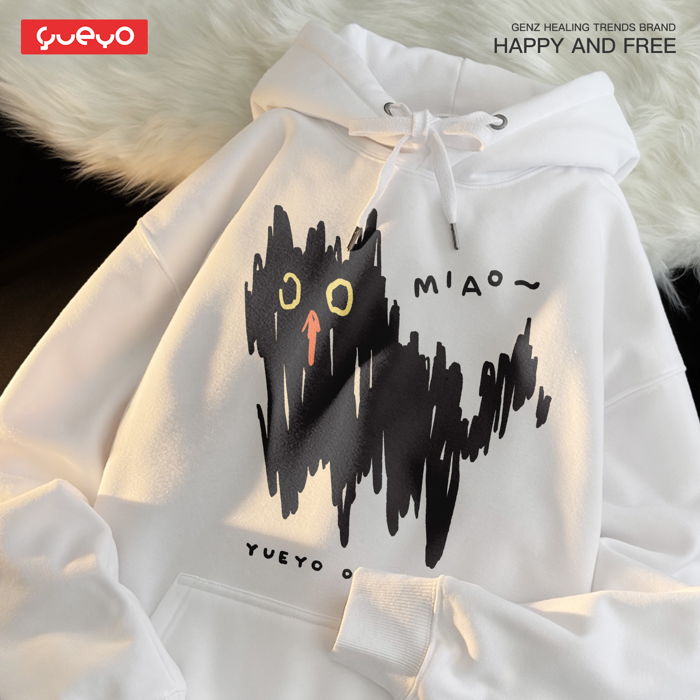 悦游 炸毛潦草猫 秋冬加绒连帽卫衣男休闲搞笑原创潮流涂鸦抽象