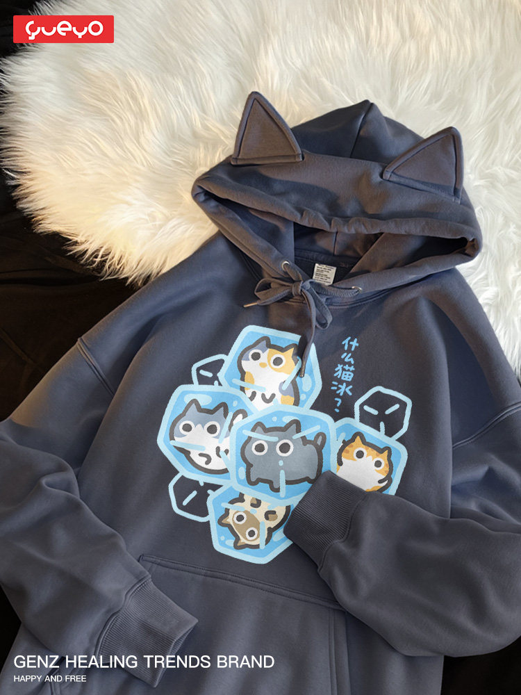 YUEYOU WHAT CAT ICE 2024 가을 고양이 귀 유니섹스 풀오버 프린트 스웨터 남성용 귀여운 일본 루즈 탑