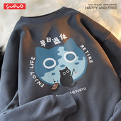 早日退休生活加绒圆领卫衣男日系ins春季 悦游 黑猫钓鱼 潮流原创