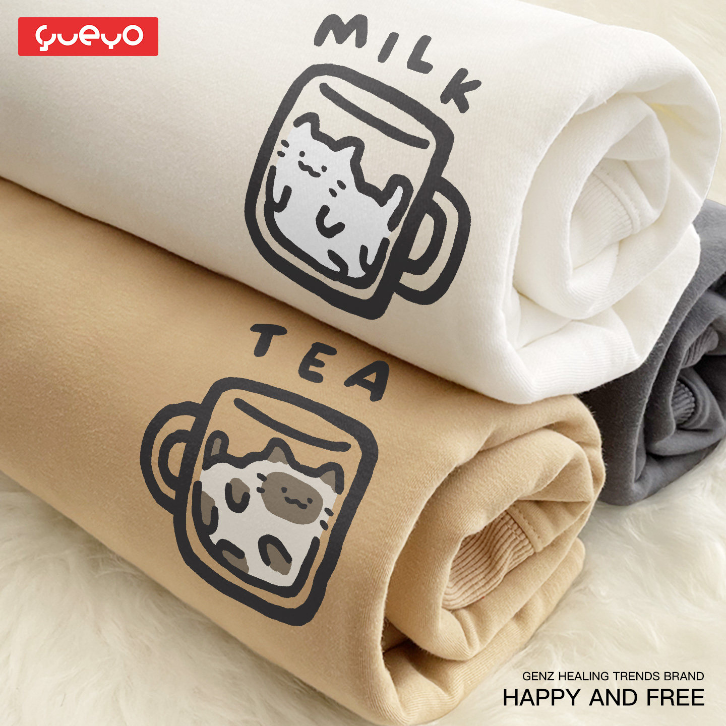 悦游 牛奶猫&茶猫 趣味印花圆领加绒卫衣男潮流原创宽松情侣装,男装,卫衣,淘宝优惠券,粉丝福利购,淘宝优惠卷