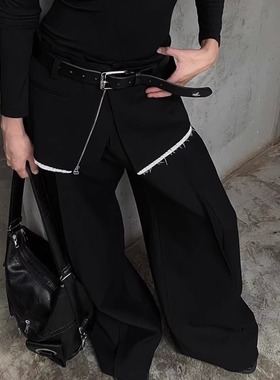 profi11zero解构错位屁帘装饰两件可拆宽松阔腿裤黑色amber同款