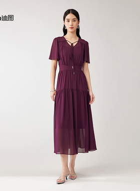 Ditto/迪图2025秋季新款优雅蕾丝轻薄系带荷叶袖气质拼接连衣裙女