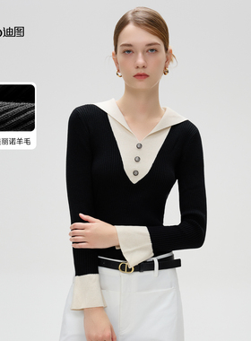Ditto/迪图2025秋冬新款时尚撞色套头衫女简约气质修身显瘦针织衫