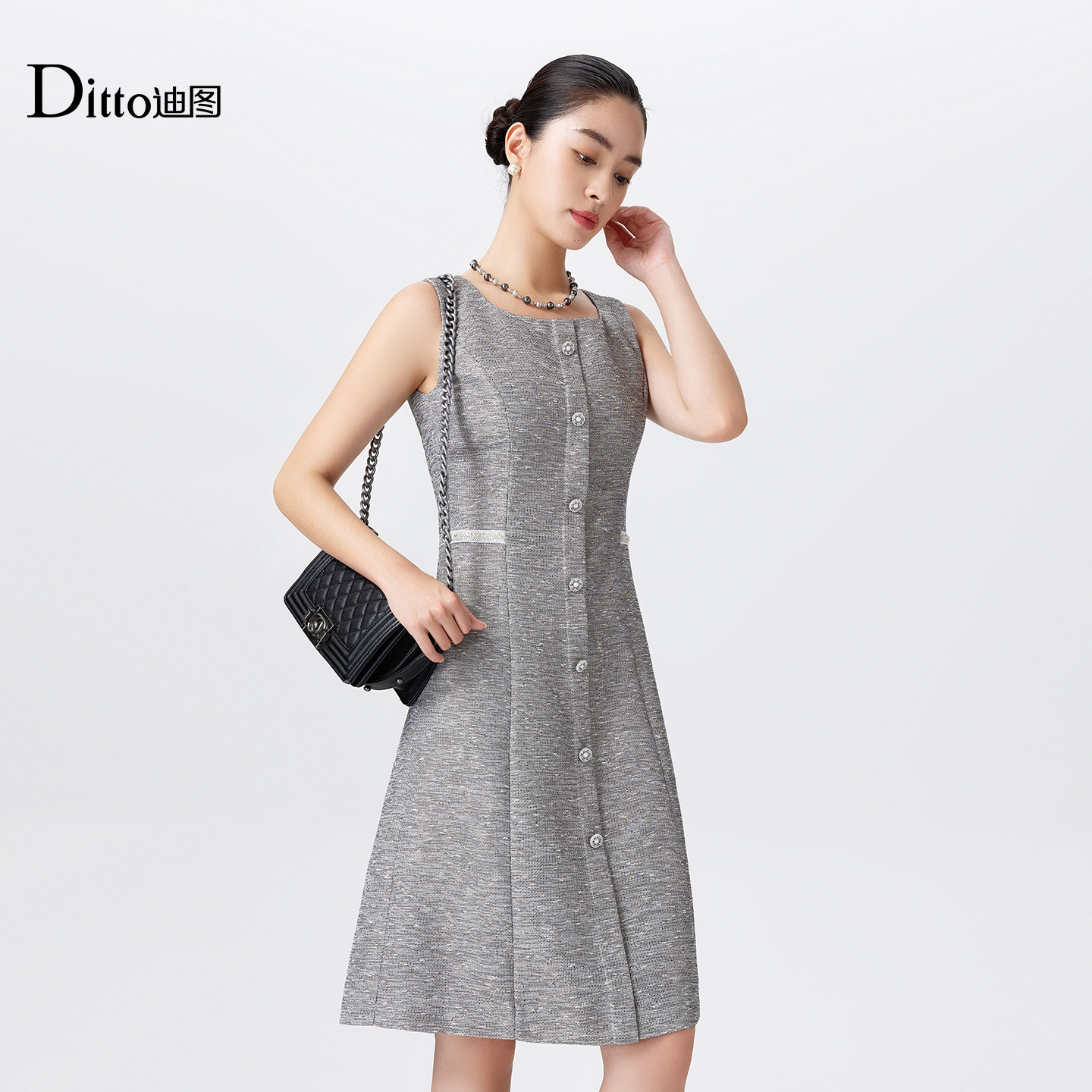 迪图小香风无袖连衣裙