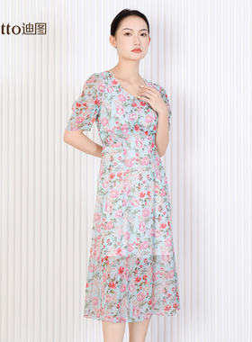 迪图碎花连衣裙夏季新款优雅田园风气质显瘦碎花裙V领中长裙