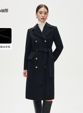 迪图2025冬季新款时尚简约高级感黑色加厚保暖中长款羊毛大衣外套