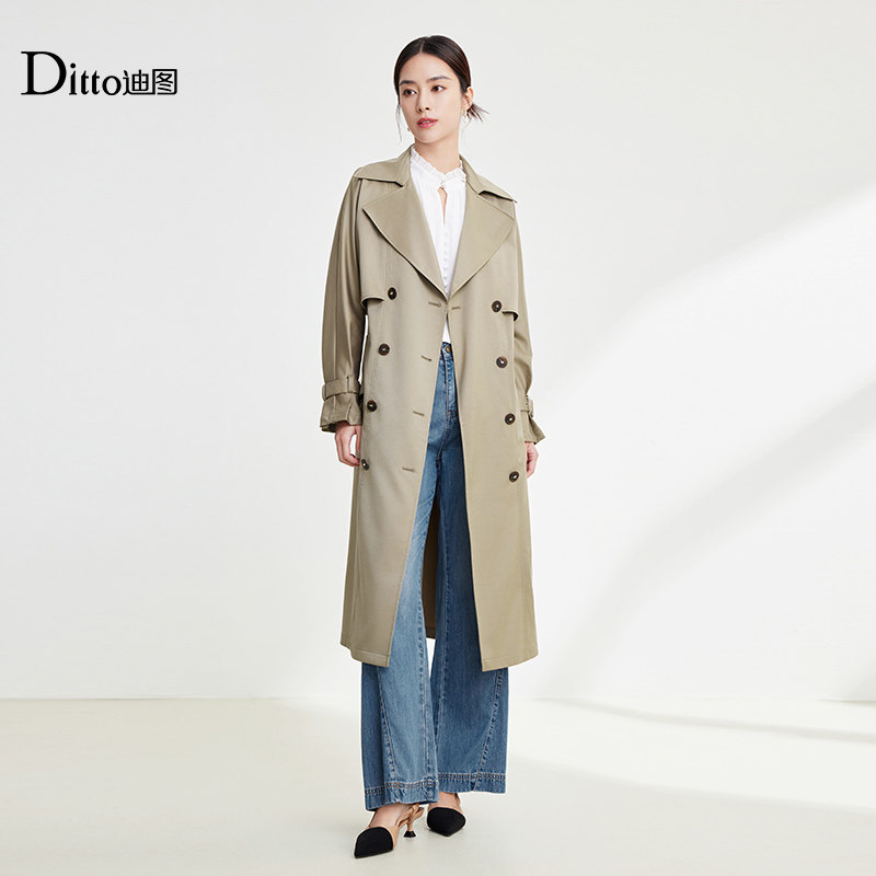 迪图大翻领中长款英伦风风衣外套