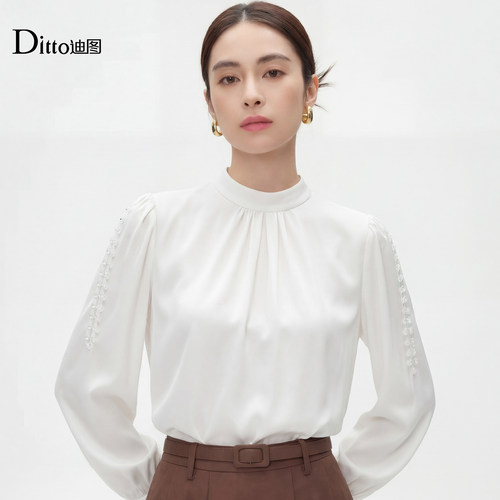 迪图白色立领珍珠长袖衬衫女