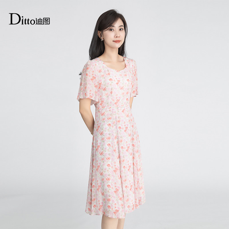 Ditto/迪图法式温柔风碎花连衣裙女夏V领短袖粉色雪纺裙子轻奢