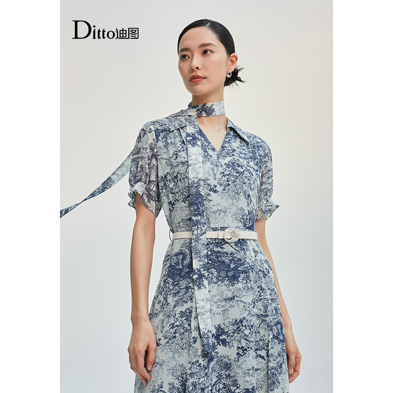 迪图设计感气质水墨画连衣裙女装2023新款夏季国风雪纺显瘦中长裙